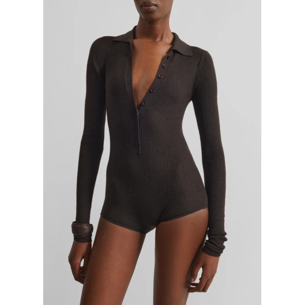 The Frankie Shop Solana Polo Bodysuit - Brown - Oversized Minimalist Bikini in Beige - Shop at Luxury Shoes 