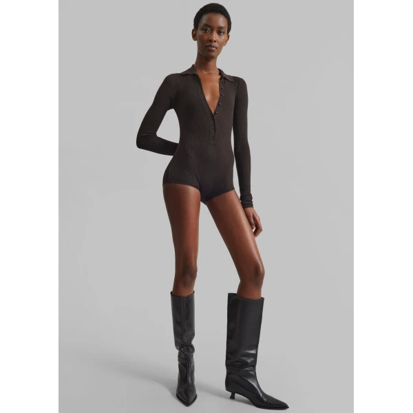 The Frankie Shop Solana Polo Bodysuit - Brown - Oversized Minimalist Bikini in Beige - Shop at Luxury Shoes 