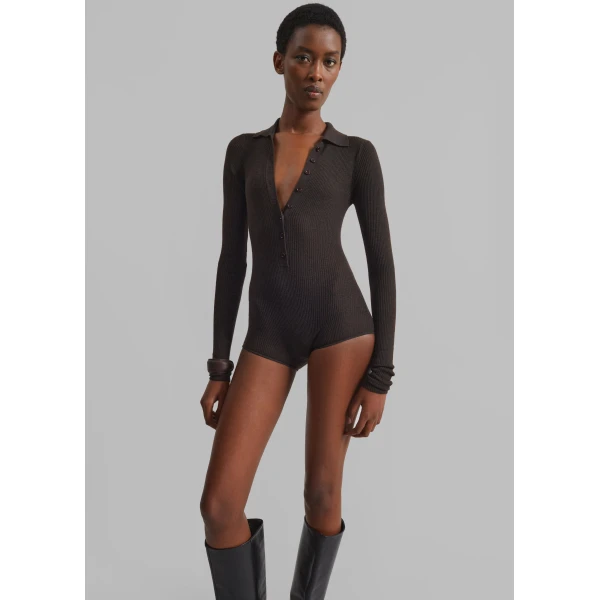 The Frankie Shop Solana Polo Bodysuit - Brown - Oversized Minimalist Bikini in Beige - Shop at Luxury Shoes 