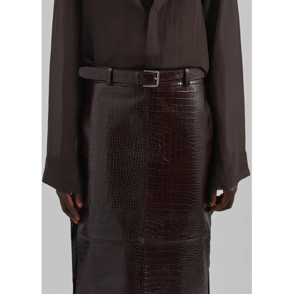 The Frankie Shop Taney Croc Leather Pencil Skirt - Dark Brown - Oversized Minimalist Skirts in Beige - Shop at Luxury Shoes 