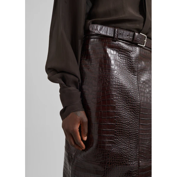 The Frankie Shop Taney Croc Leather Pencil Skirt - Dark Brown - Oversized Minimalist Skirts in Beige - Shop at Luxury Shoes 