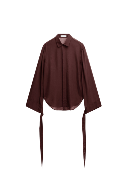 The Frankie Shop Verlin Sheer Chiffon Tie Cuff Shirt - Burgundy - Oversized Minimalist Tops in Red - Shop at Luxury Shoes 