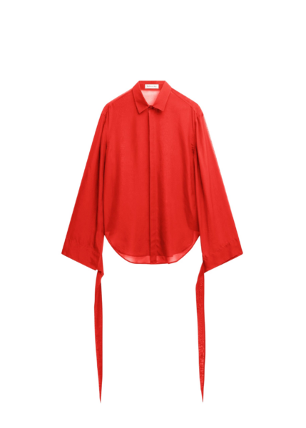 The Frankie Shop Verlin Sheer Chiffon Tie Cuff Shirt - Red - Oversized Minimalist Tops in Red - Shop at Luxury Shoes 