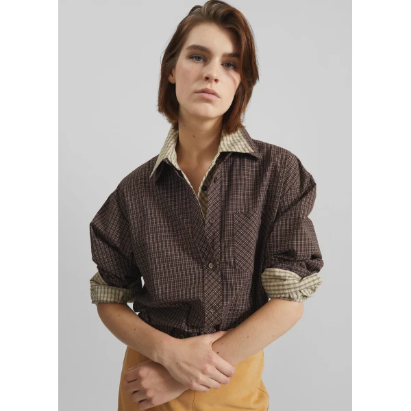 The Frankie Shop Vesta Cotton Shirt - Brown Plaid - Oversized Minimalist Tops in Multicolour - Shop at Luxury Shoes 