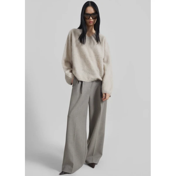 The Frankie Shop Vilhena Wool Fuzzy V-Neck Sweater - Beige - Oversized Minimalist Knitwear in Beige - Shop at Luxury Shoes 