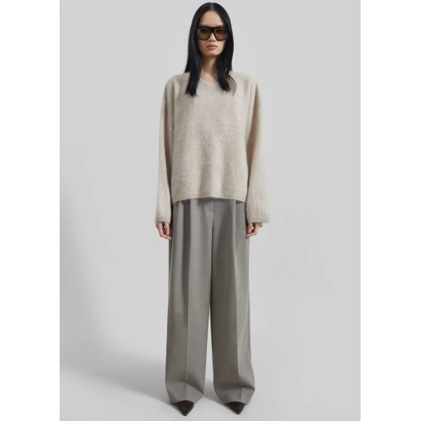 The Frankie Shop Vilhena Wool Fuzzy V-Neck Sweater - Beige - Oversized Minimalist Knitwear in Beige - Shop at Luxury Shoes 