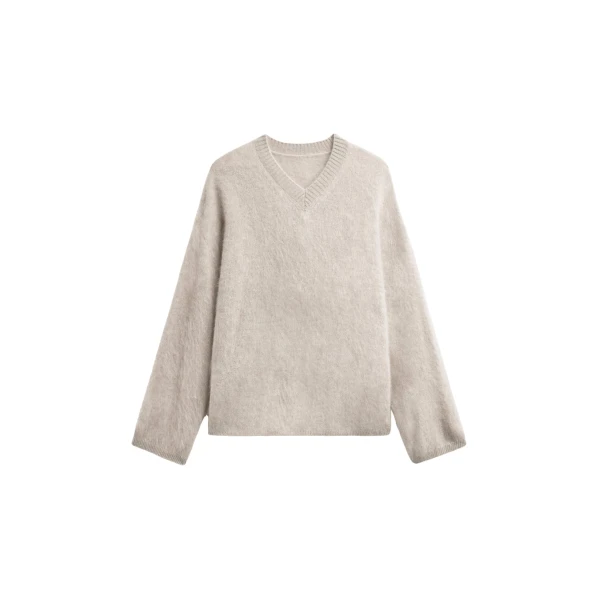 The Frankie Shop Vilhena Wool Fuzzy V-Neck Sweater - Beige - Oversized Minimalist Knitwear in Beige - Shop at Luxury Shoes 