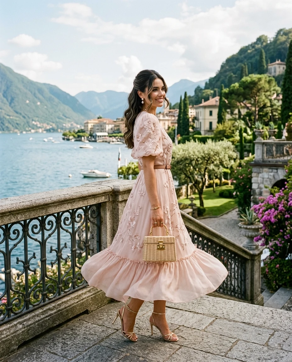 Gemma Deeks Style Guide: Semi Formal wedding guest dress in Lake Como Summer 2026