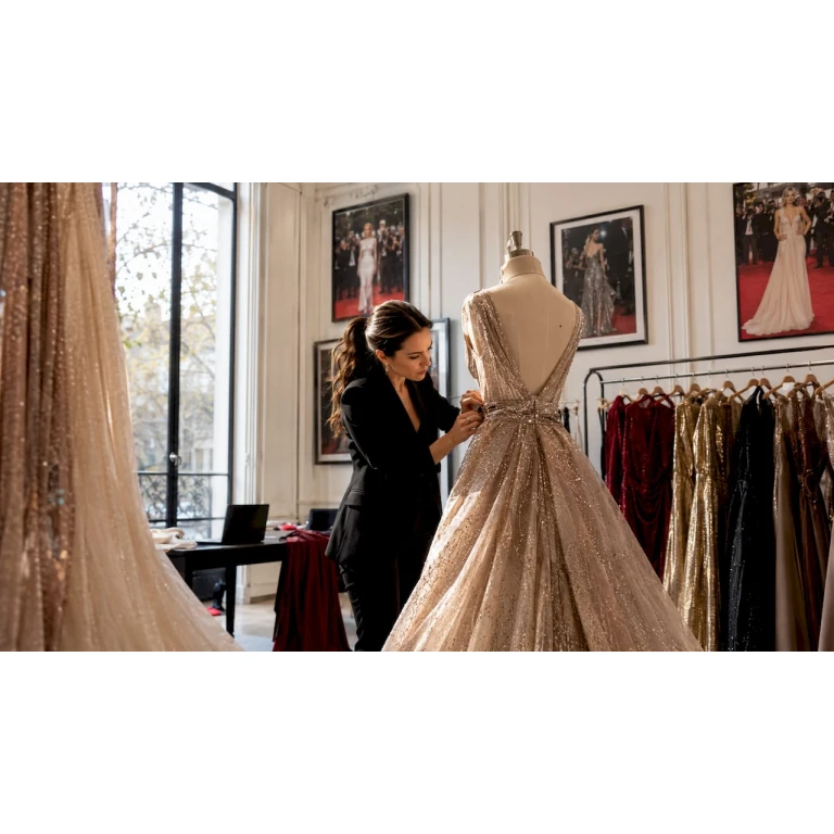 Eine Stylistin richtet das Abendkleid für den Auftritt auf dem roten Teppich perfekt zurecht.
