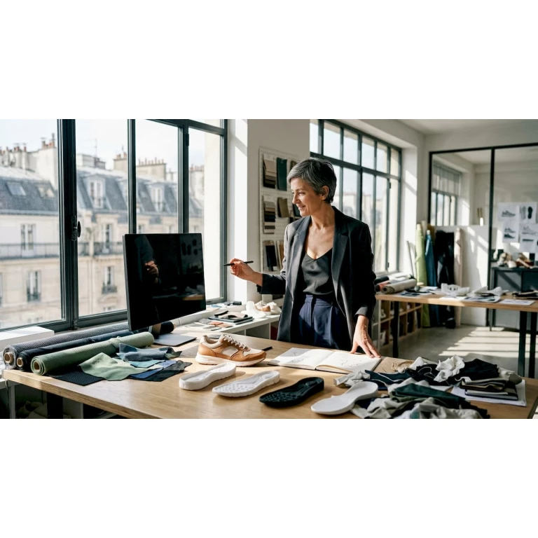 Un designer de încălțăminte analizează un model 3D de pantof la birou, atent la fiecare detaliu pentru a perfecționa produsul final.