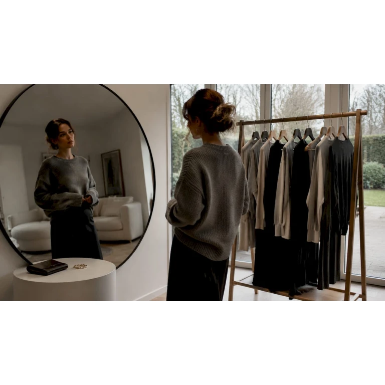 Vrouw twijfelt voor de spiegel over een simpele outfit