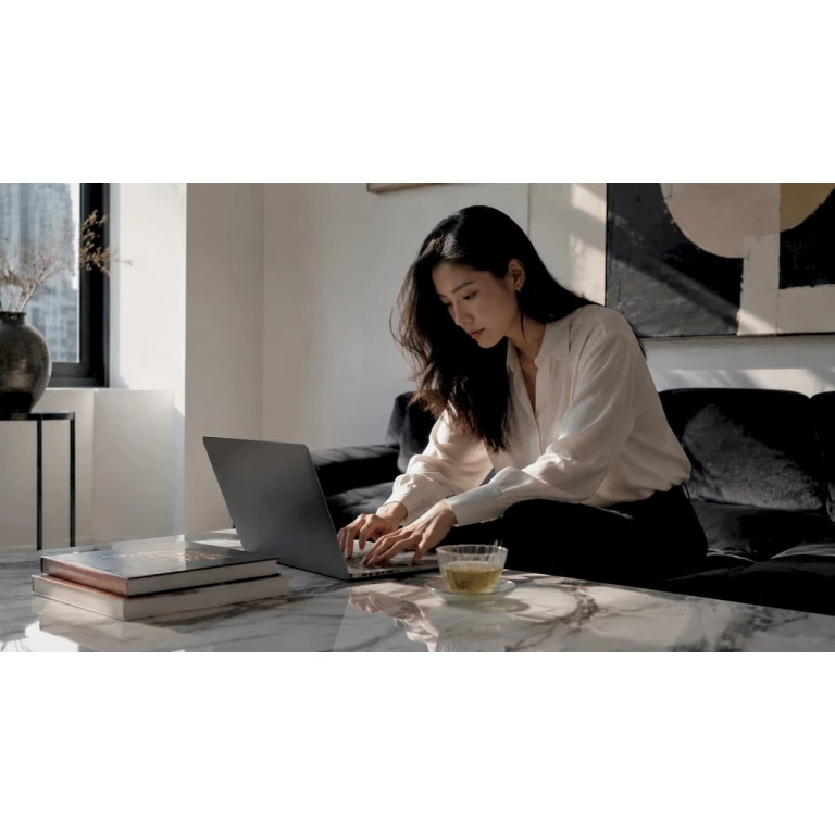 年轻女生宅在家里，轻松在网上选购奢侈品牌时尚单品。