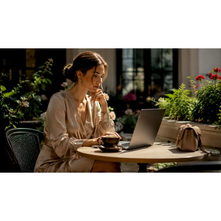 O femeie răsfoiește cele mai noi colecții de modă de lux pe laptop, în căutarea pieselor perfecte pentru garderoba ei.