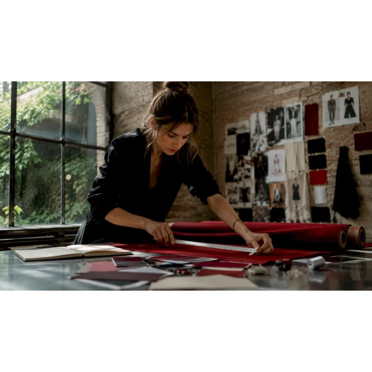 Een modeontwerper neemt zorgvuldig de maten op van de stof voor het maken van kleding op maat.