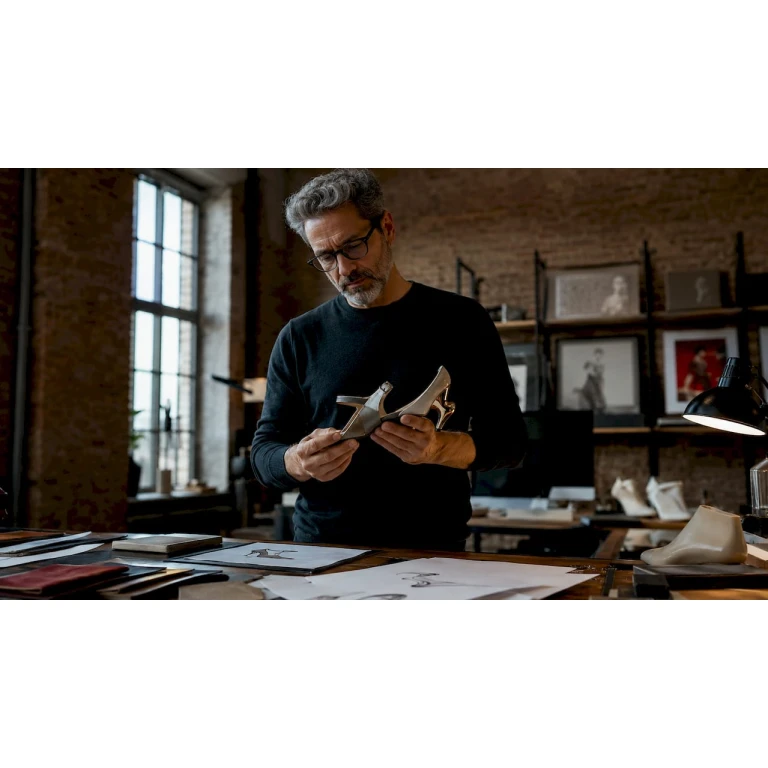 Designer a analisar um sapato inovador no seu atelier