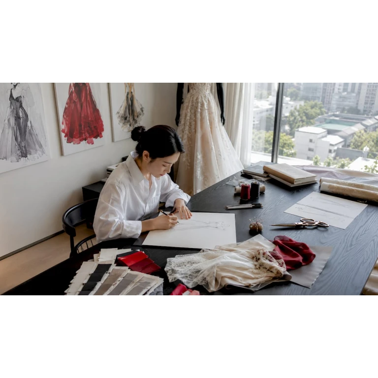 婚纱设计师倾心于手绘婚纱草图，用画笔勾勒新娘的梦想礼服。