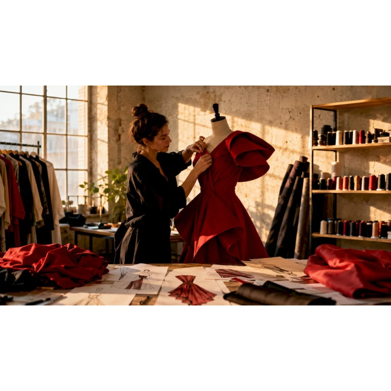 Dans les coulisses, le créateur apporte les dernières retouches à un manteau avant-gardiste, juste avant le défilé.