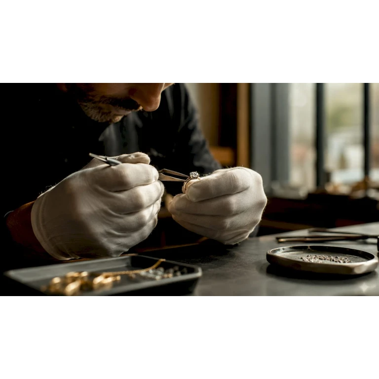 Ein Juwelier arbeitet konzentriert an einem Diamantring und nimmt dabei feinste Anpassungen vor.