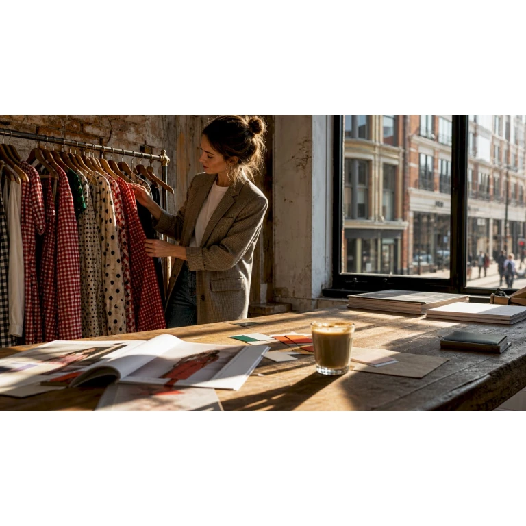 Een mode stylist die de nieuwste kledingtrends voor 2026 samenstelt en presenteert.