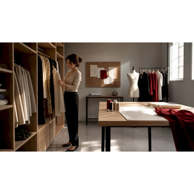 Una donna sceglie con cura capi dallo stile intramontabile all’interno di un atelier raffinato.