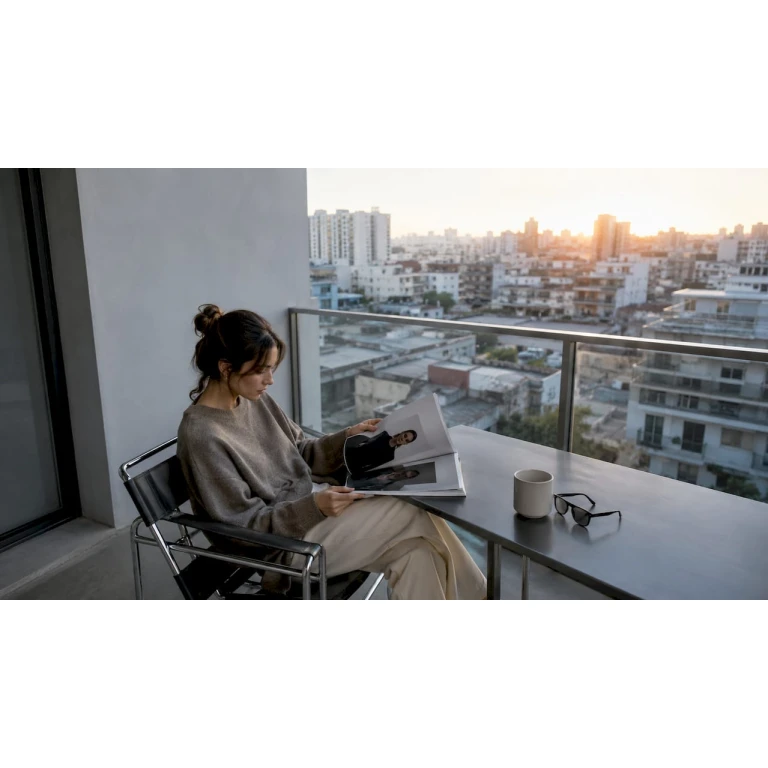Mujer hojeando un catálogo de ropa minimalista