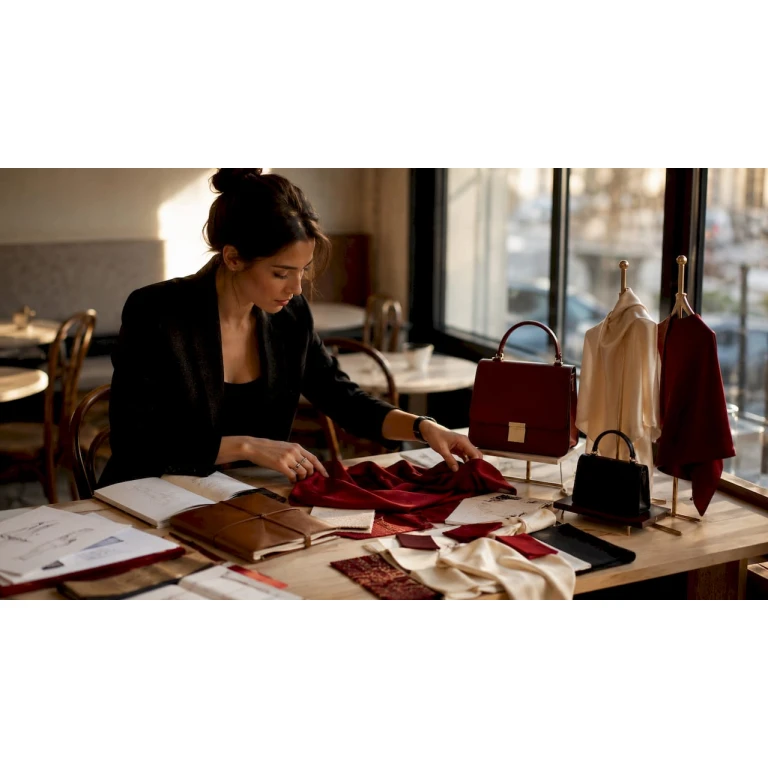 Dans son atelier, la créatrice dispose soigneusement les pièces de sa collection capsule, peaufinant chaque détail pour une harmonie parfaite.