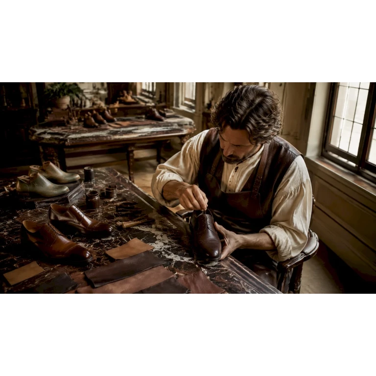 In liebevoller Handarbeit stellt ein Schuhmacher an seiner Werkbank exklusive Lederschuhe her.