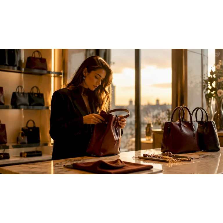 Een vrouw bekijkt aandachtig een exclusieve designertas in een chique boetiek.