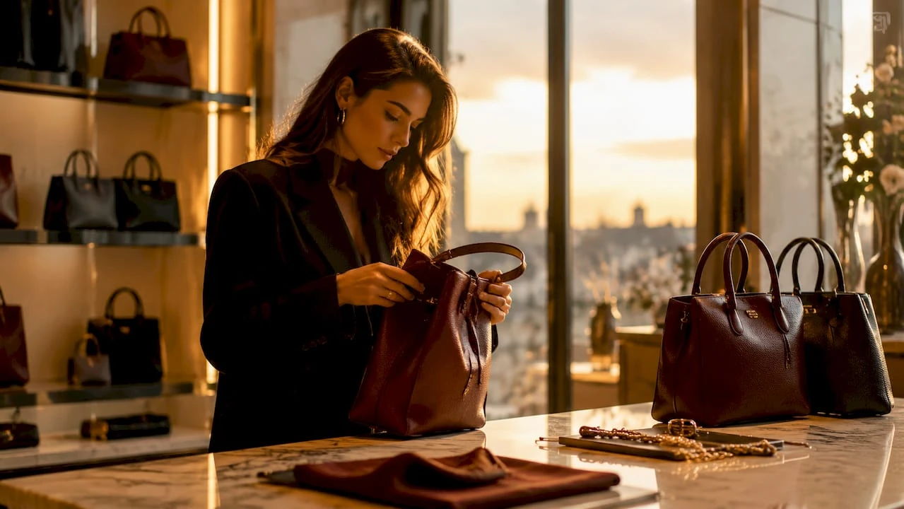 Een vrouw bekijkt aandachtig een exclusieve designertas in een chique boetiek.