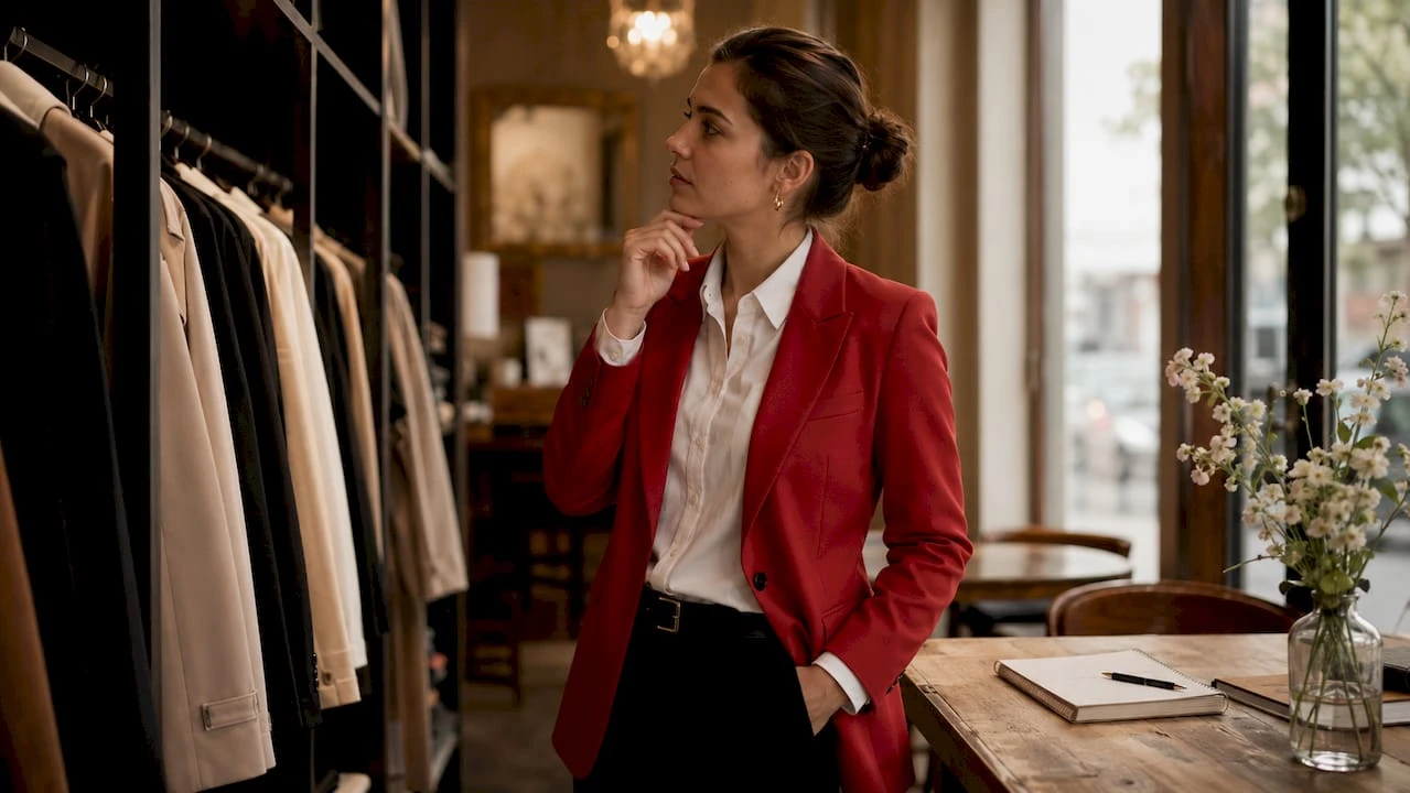 Eine Frau lässt sich im Atelier von zeitlosen Modeklassikern inspirieren.