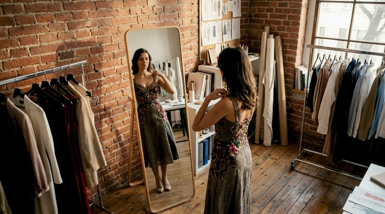 O doamnă încearcă o rochie deosebită într-un boutique elegant.