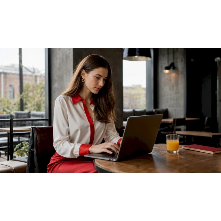 Een vrouw bekijkt vanuit haar woonkamer de nieuwste luxe modecollecties online.