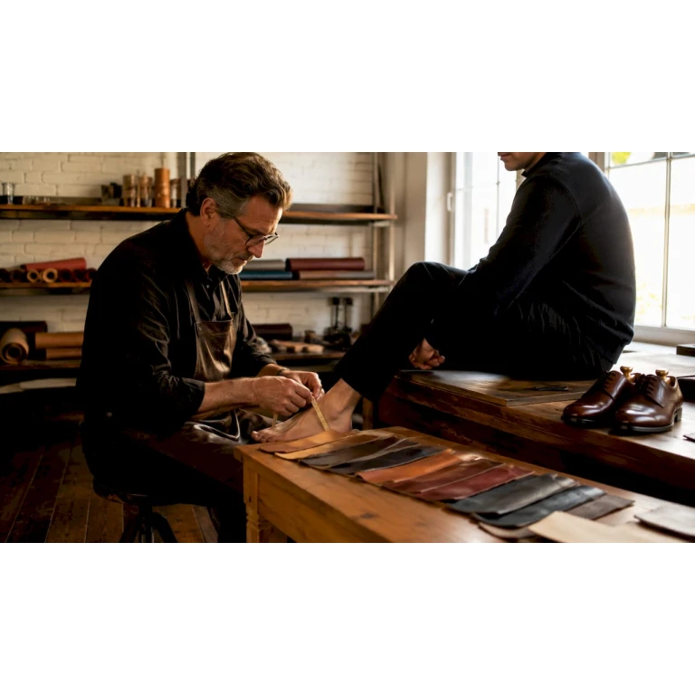 Dans un atelier de chaussures haut de gamme, un artisan prend soigneusement les mesures du pied d’un client pour garantir un ajustement parfait.