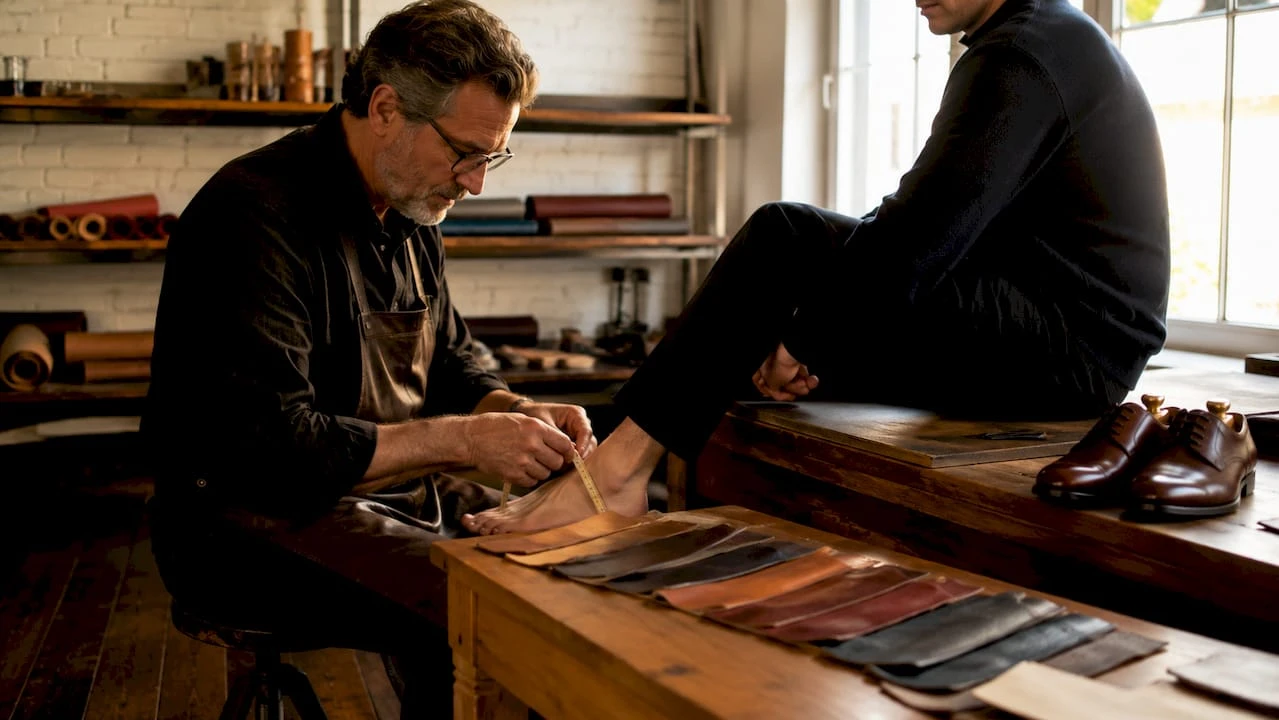 Dans un atelier de chaussures haut de gamme, un artisan prend soigneusement les mesures du pied d’un client pour garantir un ajustement parfait.