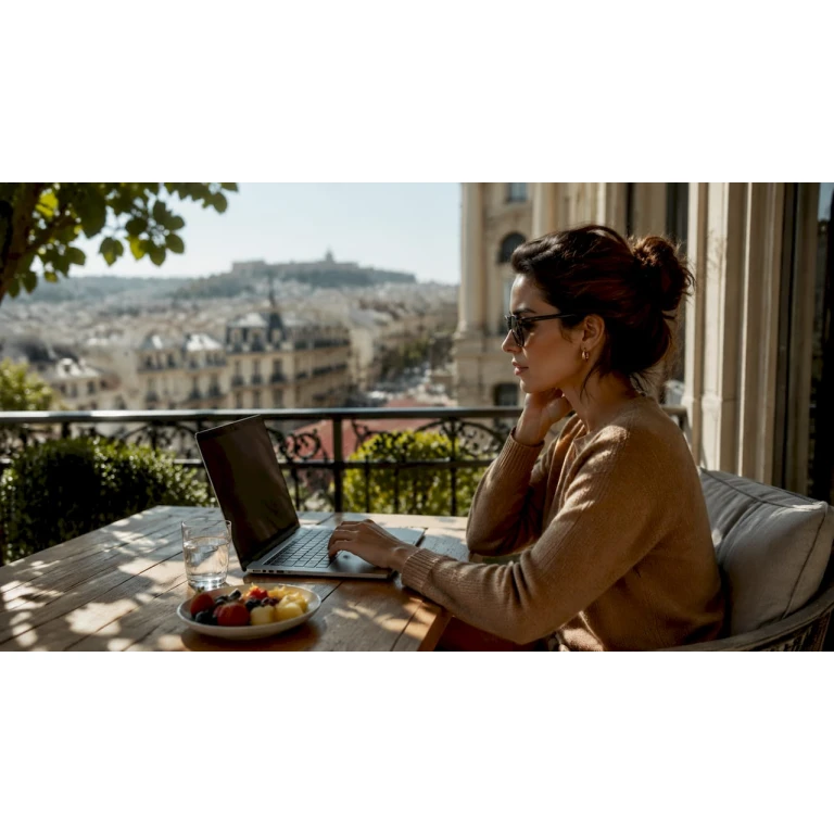 O femeie răsfoiește site-urile de modă de lux pe laptop, în căutarea celor mai noi tendințe și piese exclusiviste.