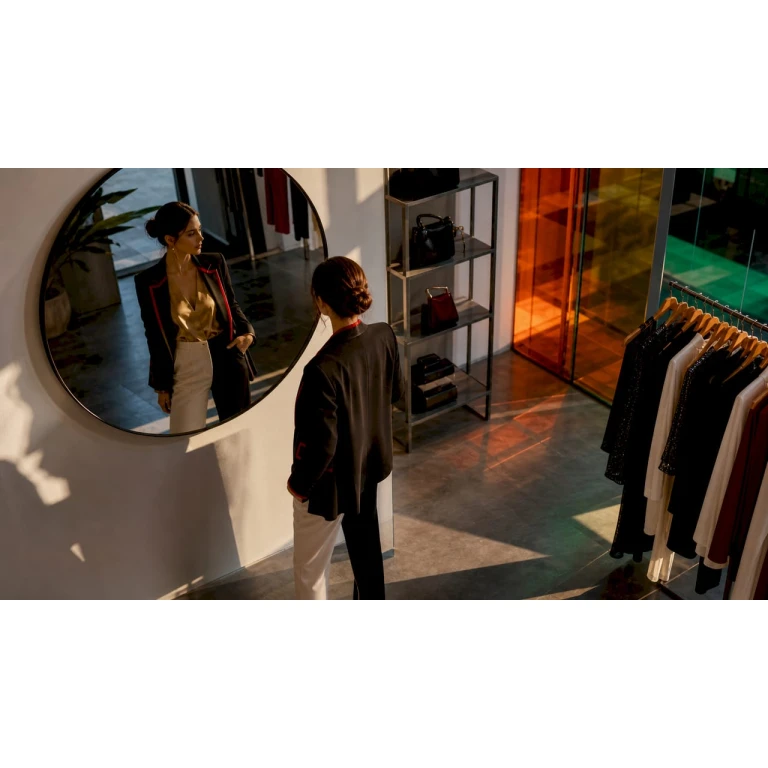 O femeie îmbrăcată pe jumătate clasic, pe jumătate modern, admiră ținutele dintr-o boutique elegantă.