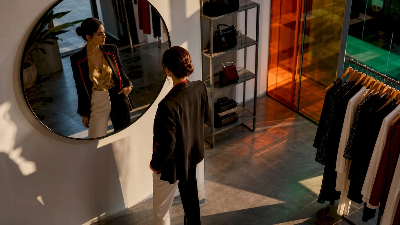 O femeie îmbrăcată pe jumătate clasic, pe jumătate modern, admiră ținutele dintr-o boutique elegantă.