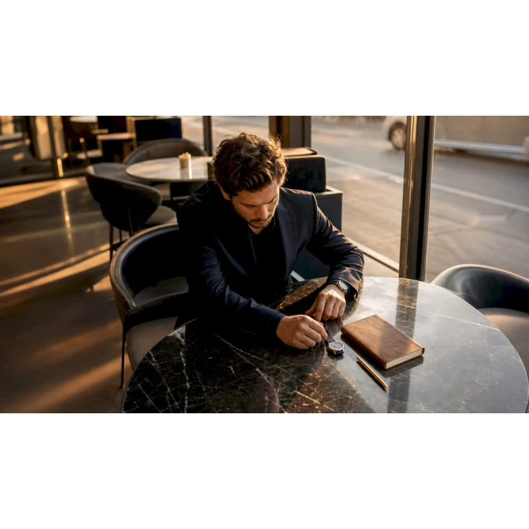 Un homme observe attentivement une montre élégante au design épuré.