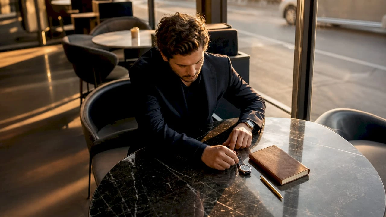 Un homme observe attentivement une montre élégante au design épuré.