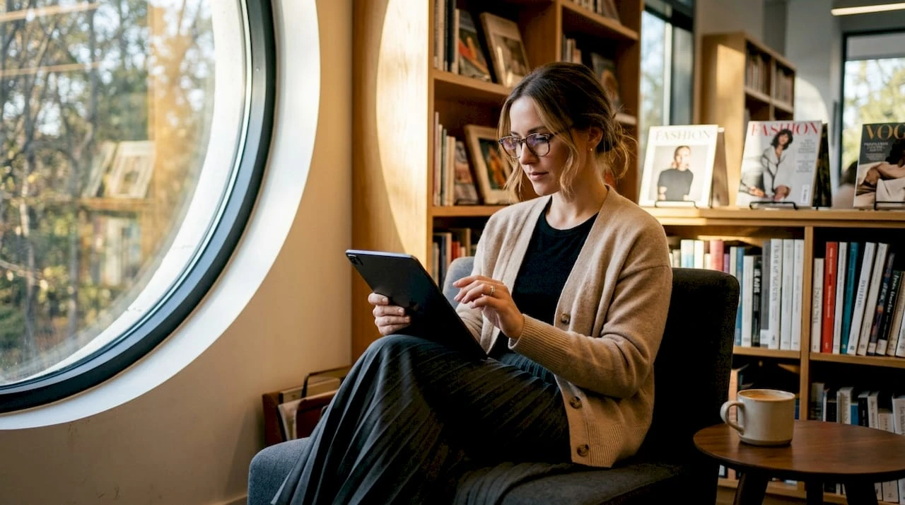 Una donna sfoglia le ultime novità di moda di lusso sul tablet, comodamente seduta a casa.