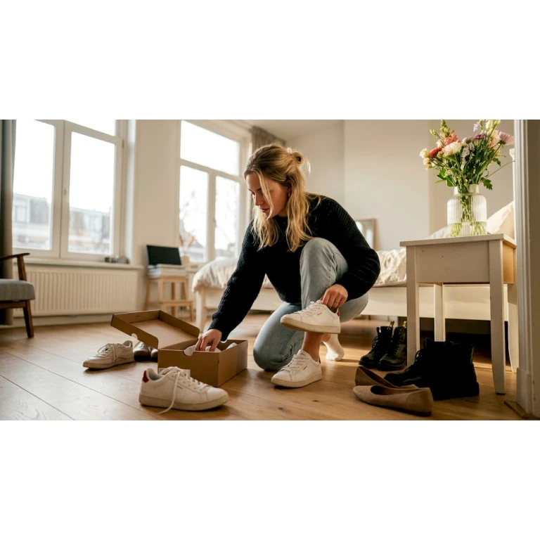 Een vrouw past binnenshuis een paar sneakers om te kijken of ze lekker zitten.
