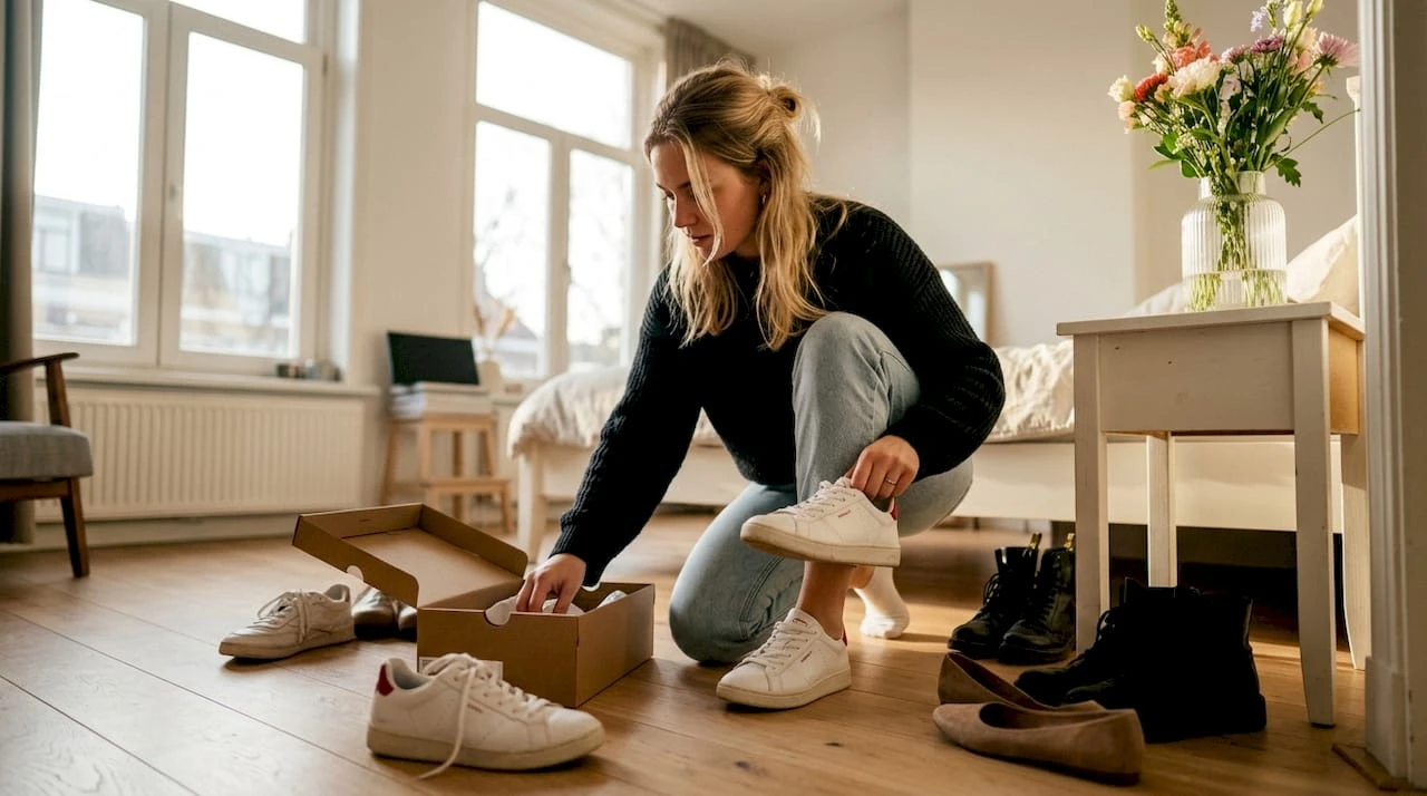 Een vrouw past binnenshuis een paar sneakers om te kijken of ze lekker zitten.