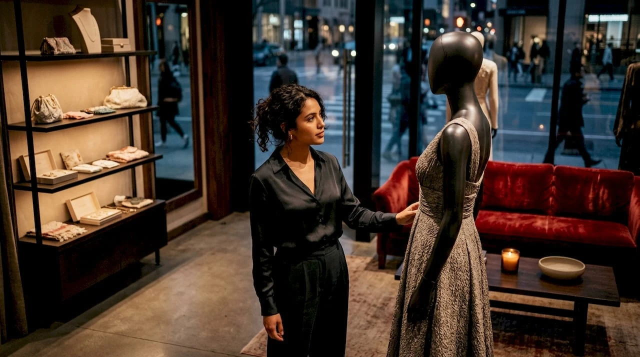 Una clienta explora y conversa con el personal en una boutique de lujo.