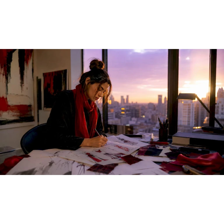 Una diseñadora revisa cuidadosamente sus bocetos de moda vanguardista, buscando inspiración y perfeccionando cada detalle para crear piezas únicas.