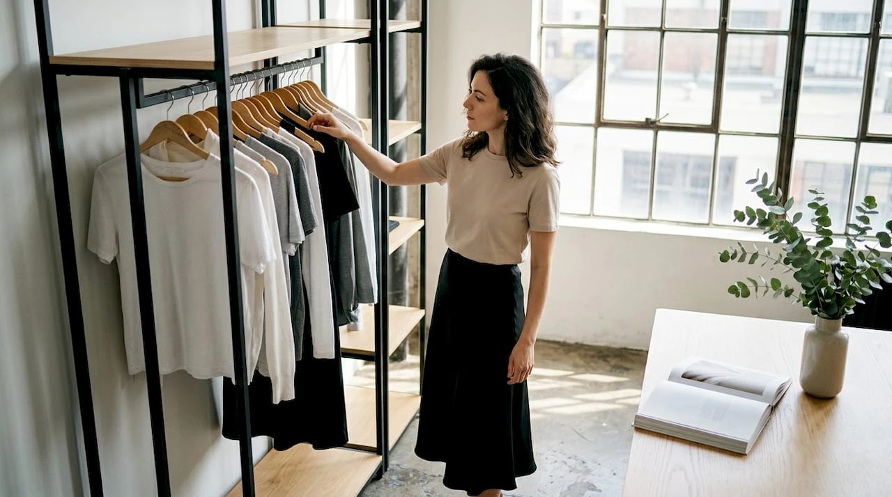 Une femme parcourt son dressing à la recherche d’une tenue épurée et élégante.