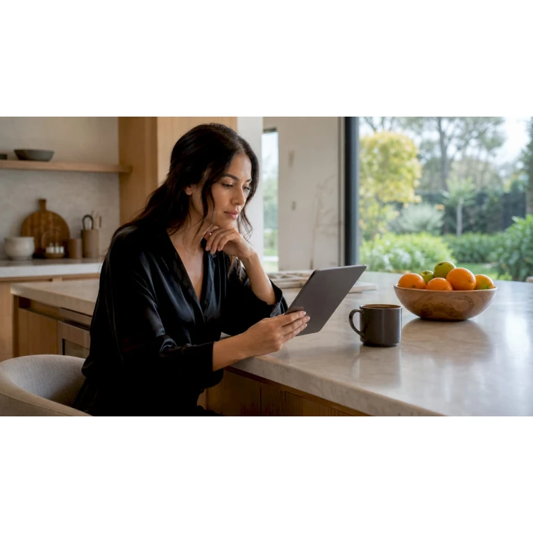 Mujer revisando las últimas tendencias de moda desde su tablet en la comodidad de su casa.