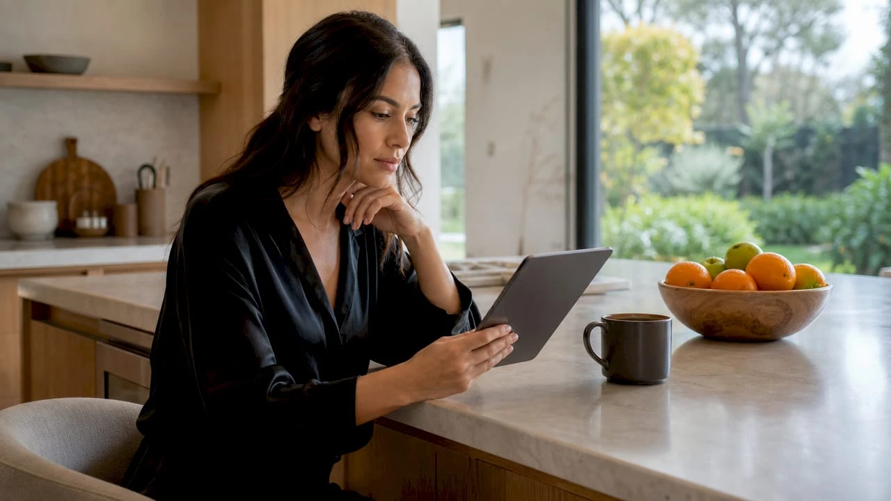 Mujer revisando las últimas tendencias de moda desde su tablet en la comodidad de su casa.