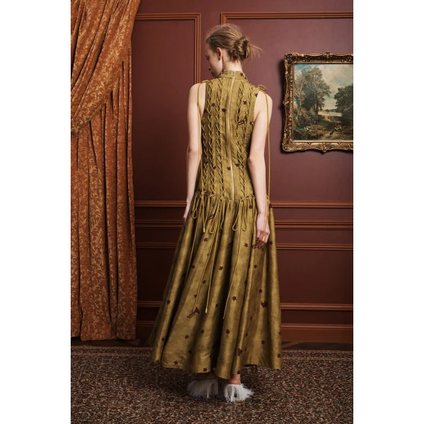 Alemais Astro Gown Olive  Sustainable Dresses with Alémais print -  Luxury Handbags Australian Designer