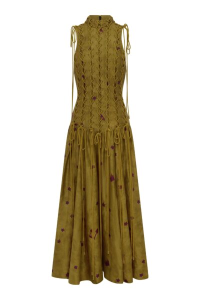 Alemais Astro Gown Olive  Sustainable Dresses with Alémais print -  Luxury Handbags Australian Designer