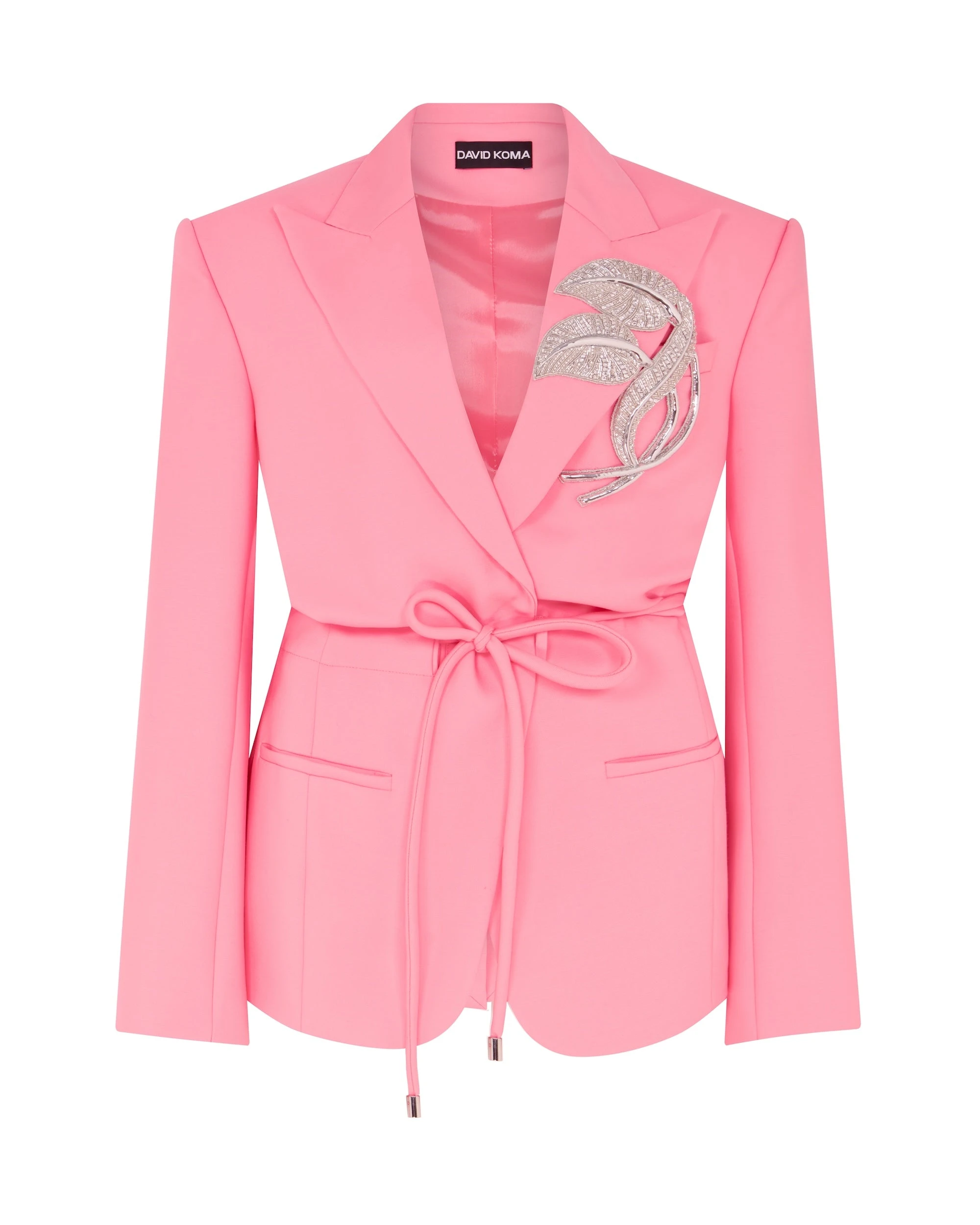 David Koma Crystal Leaf Tie Waist Jacket In Pink David Koma Crystal Leaf Tie Waist Jacket In Pink